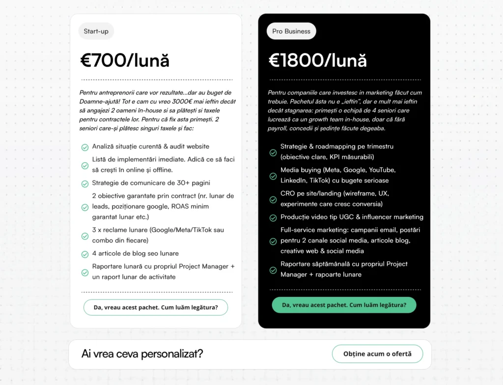 Exemplu de pachete de pret oferite de Metriko Media